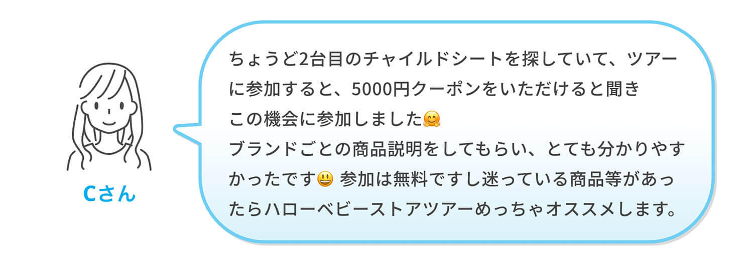 Cさん「ちょうど2台目のチャイルドシートを探していて、ツアーに参加すると、5,000円クーポンをいただけると聞き、この機会に参加しました🤗ブランドごとの商品説明をしてもらい、とても分かりやすかったです😃参加は無料ですし迷っている商品等があったらハローベビーストアツアーめっちゃオススメします。✨」