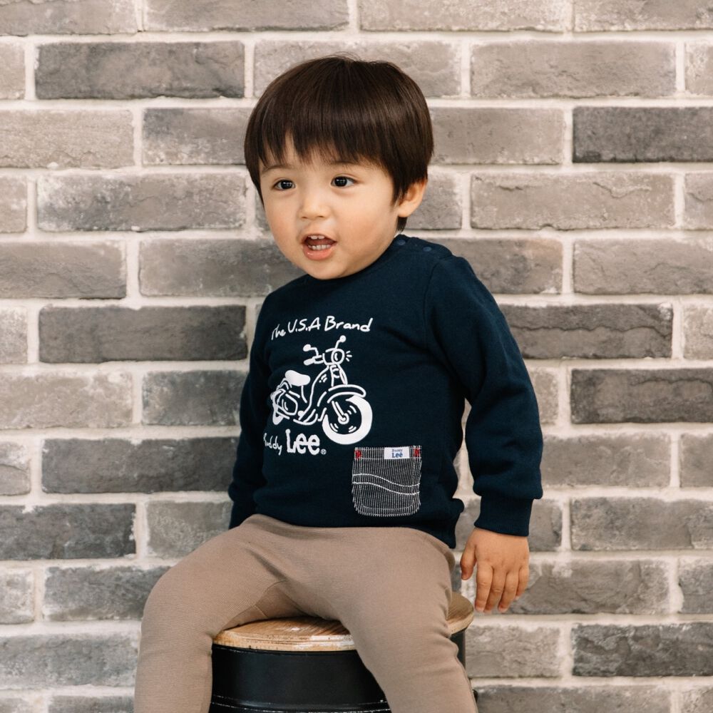 BUDDYLEE 長袖トレーナー ガーゼ裏毛 カブ ポケット付き ネイビー×90cm