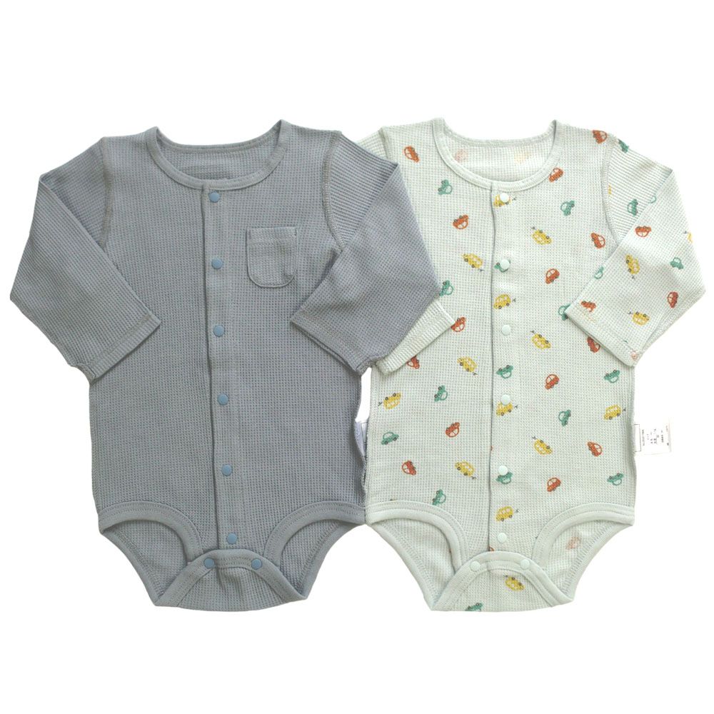 長袖前開きロンパース肌着 2枚組 ワッフル 車 ブルー×70cm ベビーザら