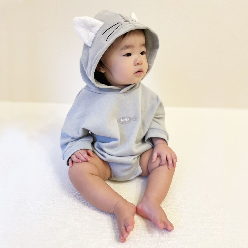 ベビー×ペットコレクション】長袖フード付きボディスーツ ボア耳付き