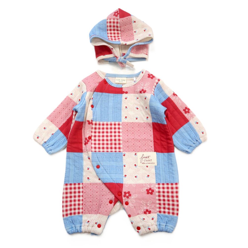 FirstCloset×mioさん】 長袖ロンパース ボンネット付き キルト ピンク