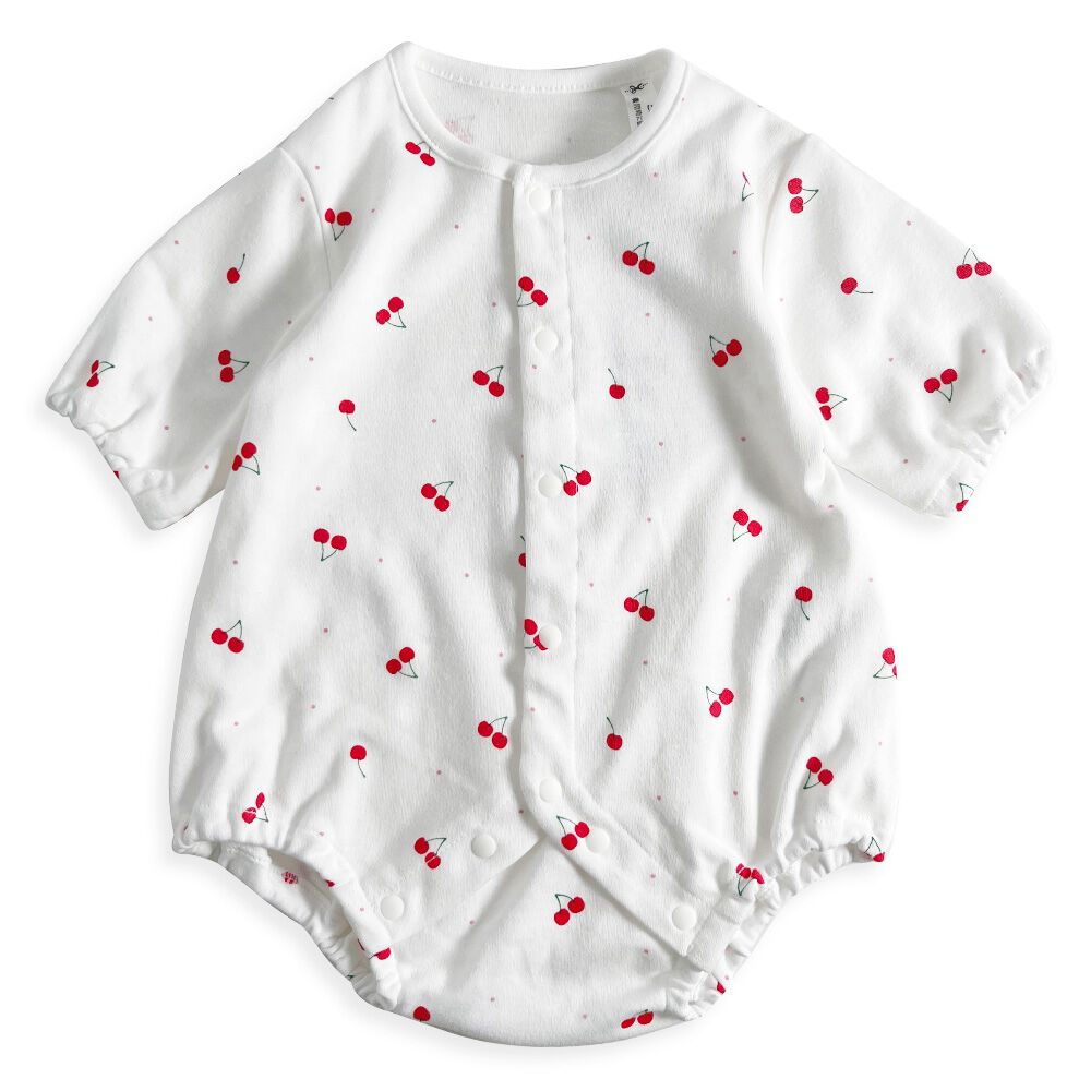 日本製7分袖ロンパス スムス チェリー柄 ナチュラル×60-70cm