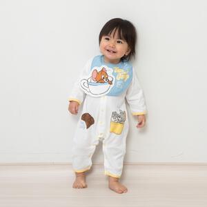 TOM and JERRYトムとジェリー 長袖前開きロンパース スタイ付き ホワイト×60-70cm