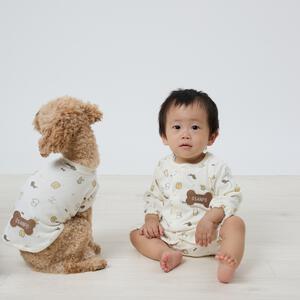 【ベビー×ペットコレクション】長袖前開きフィットオール 犬総柄(ホワイト×70-80cm)  ベビーザらス限定