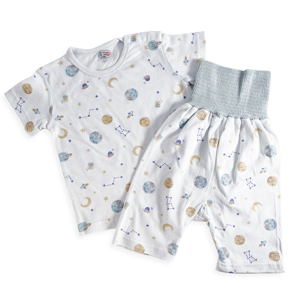 半袖腹巻付きパジャマ メッシュ天竺 宇宙柄 ブルー 90cm | マタニティ