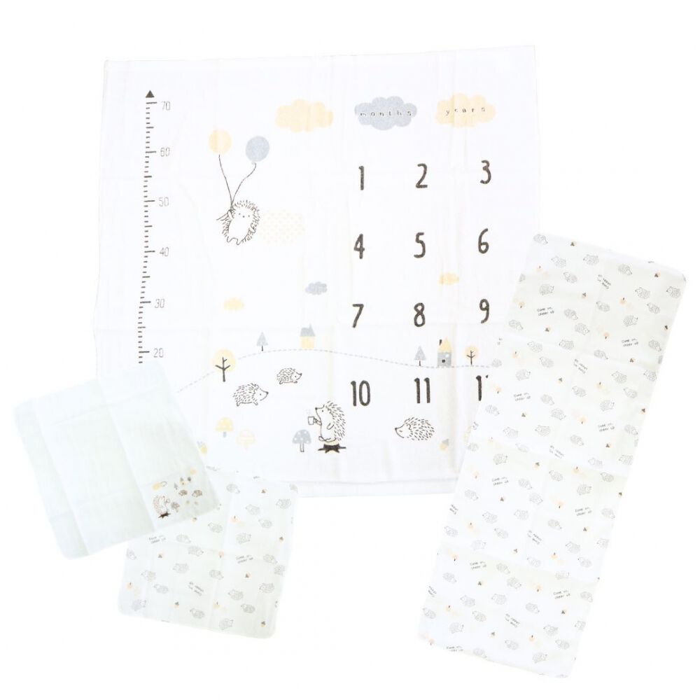 タオル＆ガーゼ浴用4点セットはりねずみ柄(はりねずみ×フリー