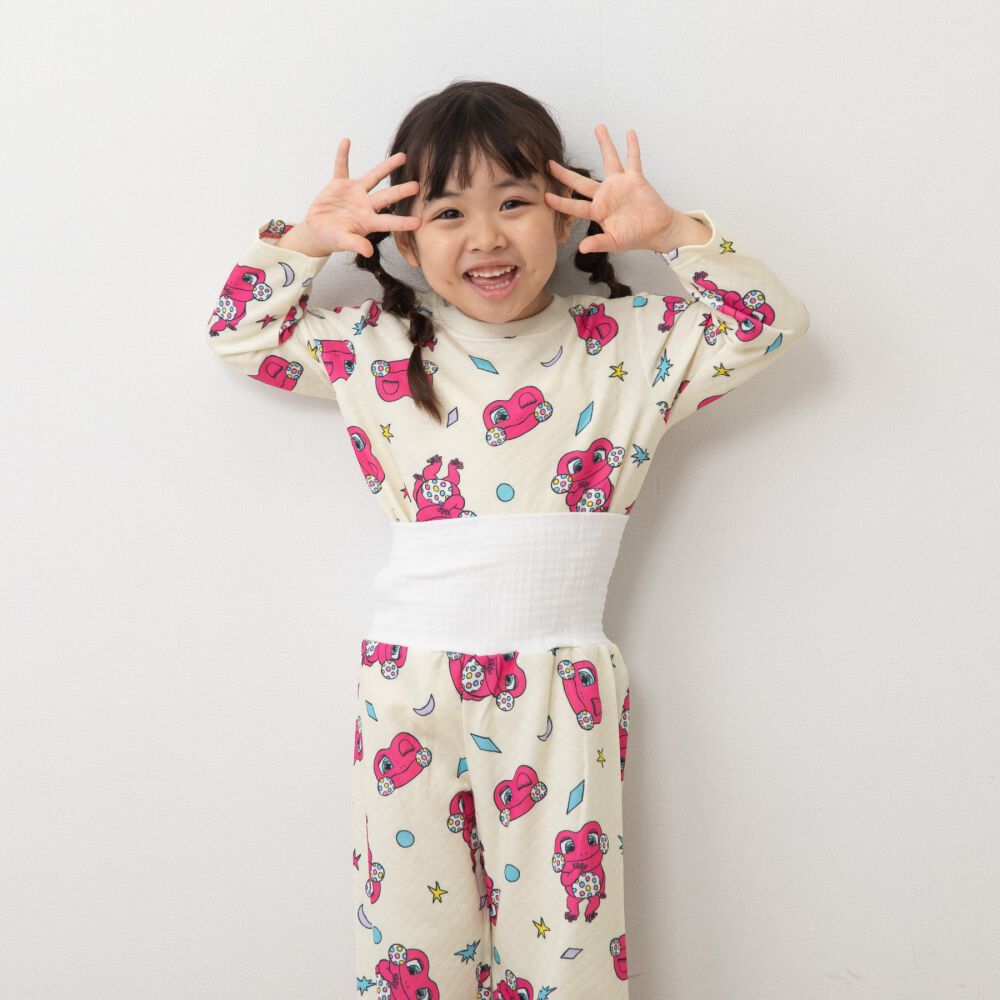 けけちゃま 長袖パジャマ 裏綿ダイヤキルト 総柄丸首 クリーム×100cm