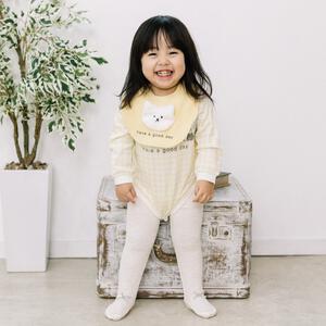 【ベビー×ペットコレクション】長袖ボディスーツ スタイ付き 格子柄 スムス ネコ イエロー×80cm