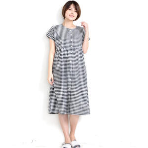 マタニティ 半袖ルームワンピース サッカーギンガム ブラック&times;M-L