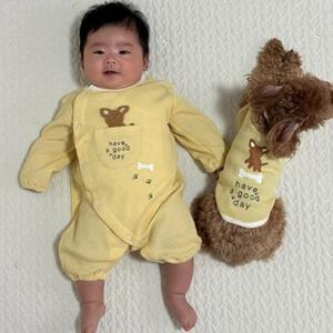 【ベビー&times;ペットコレクション】長袖前開きフィットオール ポケット付き 犬 イエロー&times;60-70cm