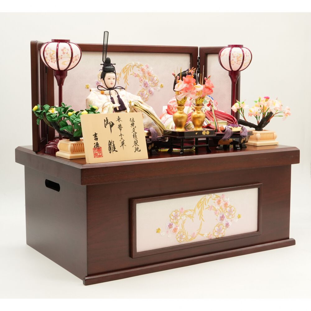 雛人形】収納飾り 親王飾り「八重桜刺繍木目ブラウン」 (605858