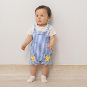 monpoke モンポケ 半袖ロンパース ギンガムチェック サロペット型 ブルー&times;80cm ベビーザらス限定 赤ちゃん 出産準備 出産祝い ベビー服 子供服