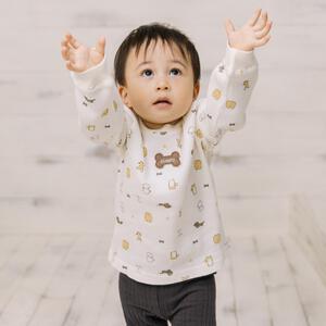 【ベビー×ペットコレクション】長袖Tシャツ ワッフル 犬総柄 ナチュラル×90cm