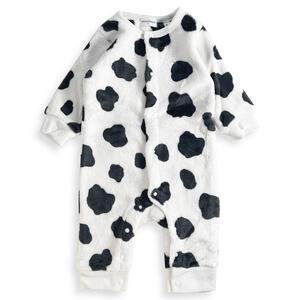 【ブラックフライデー】長袖カバーオール フリース 牛柄 ブラック×70cm