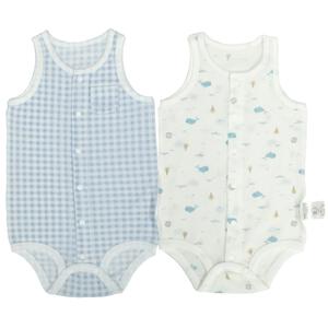 2枚組袖なし前開きロンパース肌着 防汚 ギンガム&times;くじら パステルブルー&times;80cm ベビーザらス限定