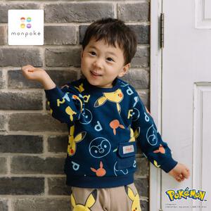 monpoke モンポケ トレーナー 裏毛 ポケット付き 総柄 ネイビー×100cm