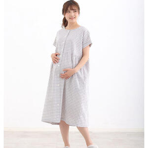 マタニティ 半袖ルームワンピース サッカーギンガム グレー M-L