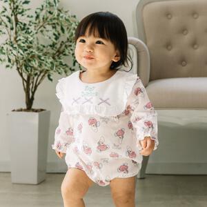 ディズニー 長袖ロンパース ヨーク切替 総柄 ヤングオイスター(ピンク&times;)70-80cm