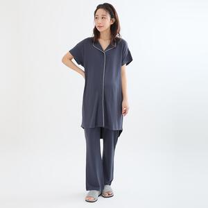 美デコルテ首元涼しい入院準備パジャマ ダークブルー M-L