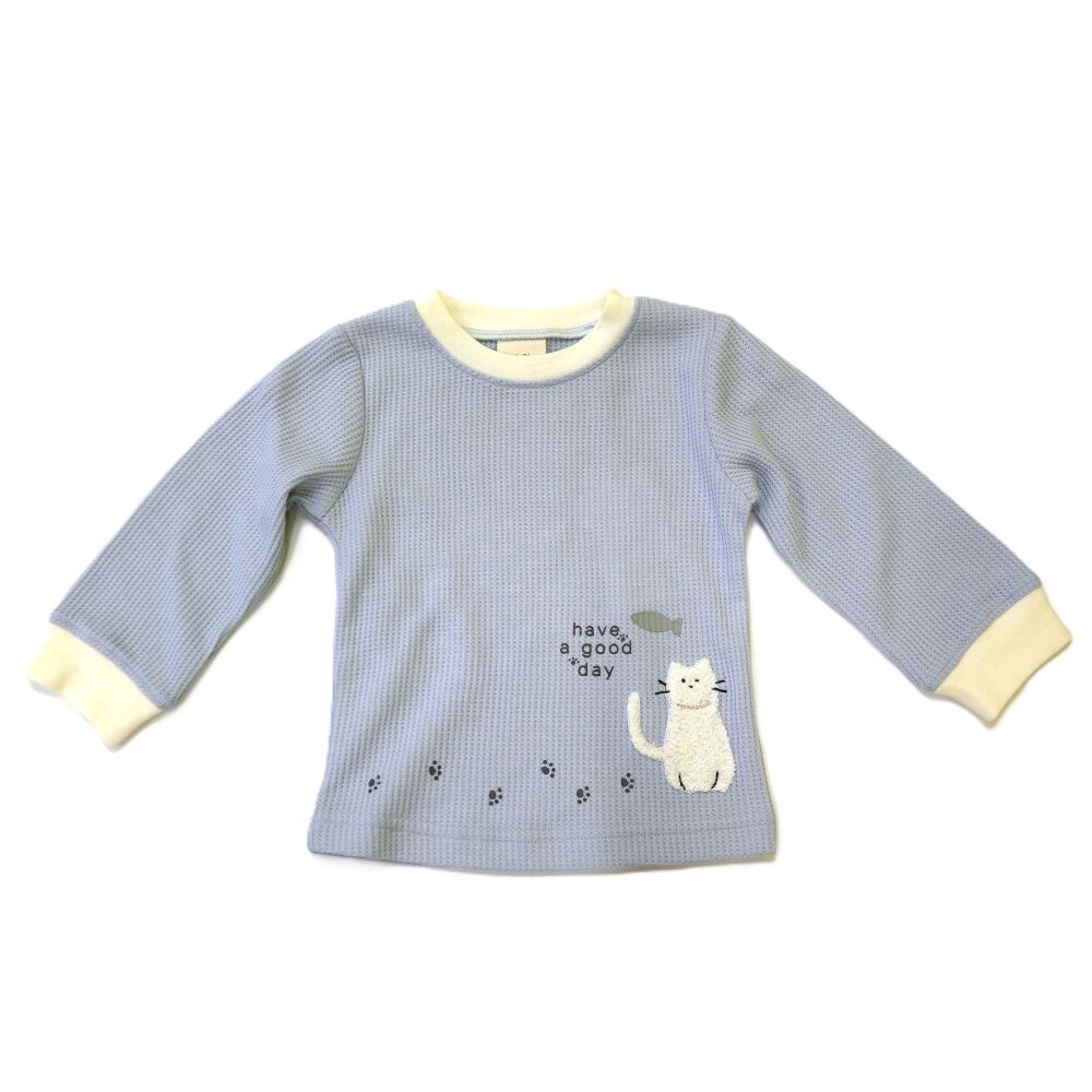 ベビー×ペットコレクション】長袖Tシャツ ワッフル 猫ワンポイント