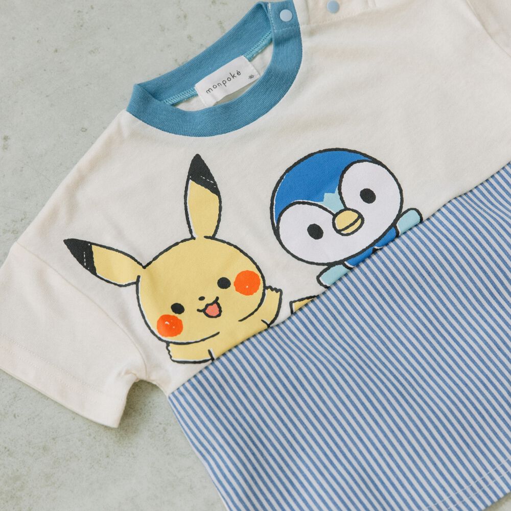 monpoke モンポケ 半袖Tシャツ 布帛切替 ライトブルー×90cm