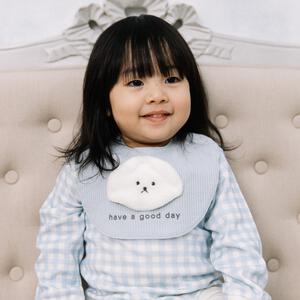 【ベビー×ペットコレクション】長袖ボディスーツ スタイ付き 格子柄 スムス イヌ ブルー×70cm