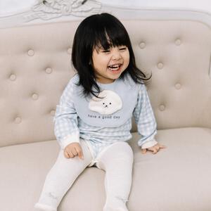 【ベビー×ペットコレクション】長袖ボディスーツ スタイ付き 格子柄 スムス イヌ ブルー×70cm