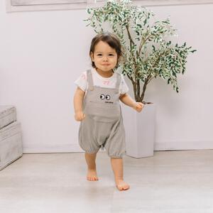 FirstCloset 半袖ロンパース サロペット風 天竺&times;Wガーゼ お目目総柄 ナチュラル&times;70cm
