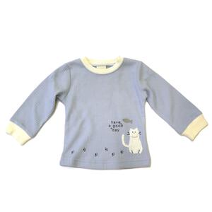 【ベビー×ペットコレクション】長袖Tシャツ ワッフル 猫ワンポイント ブルー×80cm