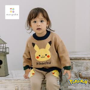 monpoke モンポケ 長袖ニット 裾配色風 ピカチュウ ベージュ×80cm