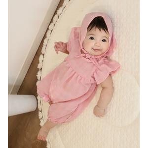 FirstCloset 半袖ロンパース 先染めチェック バブーシュカ付き ピンク&times;70cm