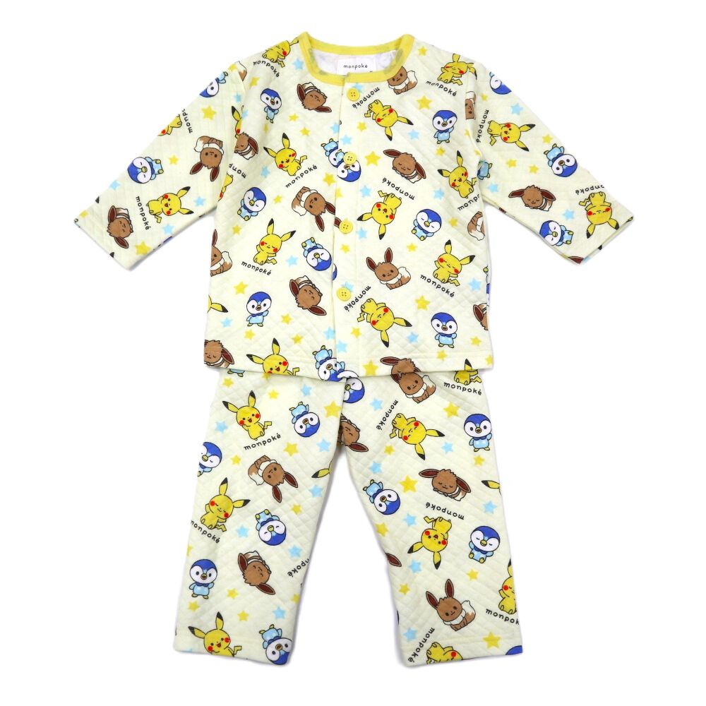 monpoke モンポケ 前開き長袖パジャマ 総柄 キルト 腹巻付き イエロー