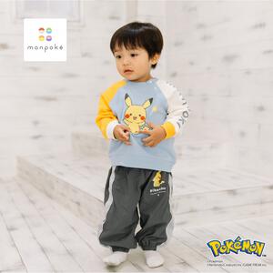 monpoke モンポケ トレーナー 袖配色 サガラ刺繍 ピカチュウ ブルー×100cm