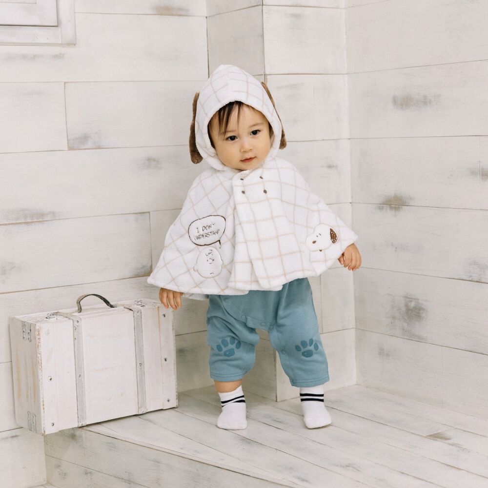 SNOOPY フード付きポンチョ サンゴフリース スヌーピー 50-70cm