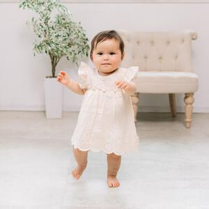 FirstCloset 半袖ロンパース 切替 袖フリル 天竺&times;布帛 花柄 ピンク&times;70cm