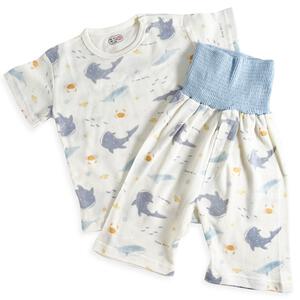 半袖腹巻付きパジャマ 鹿の子天竺 マリン柄 サックス 80cm