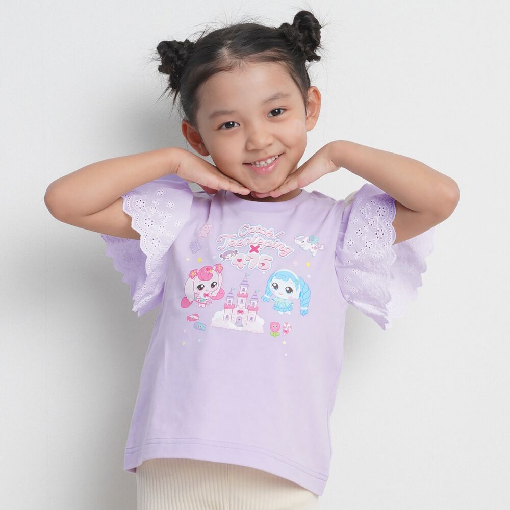 ティニピン×しなこ】半袖Tシャツ 袖レース 天竺 パープル×120cm