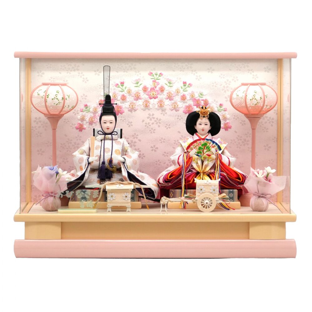 雛人形】ケース飾り 親王飾り「桜刺繍ピンク パノラマアクリル