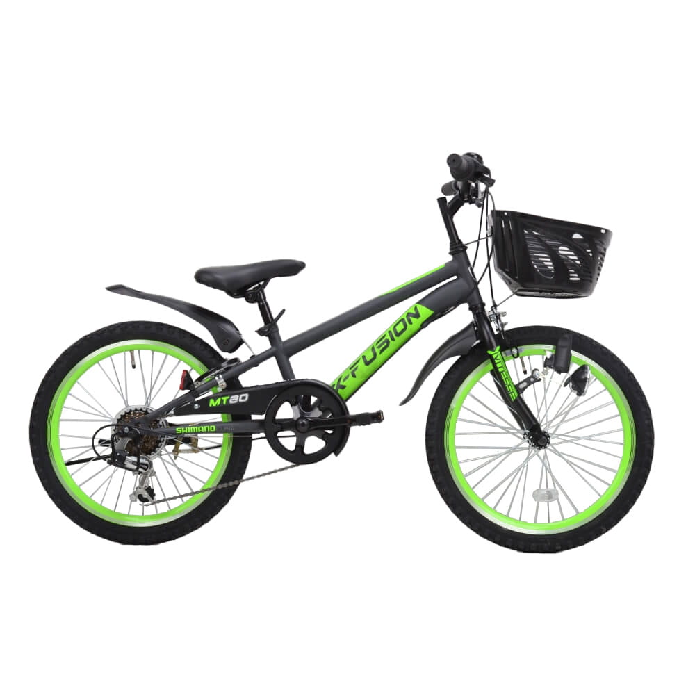 20インチ 身長115~135cm 子供用自転車 KENT X-フュージョン グレー/グリーン 男の子 ライト 6段変速機ギア スチールフレーム カゴ 鍵 緑 黒の画像