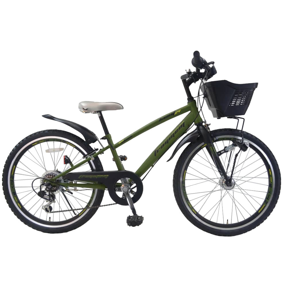 24インチ 身長130~145cm 子供用自転車 フラグメント CIデッキ オートライト（モスグリーン）男の子 オートライト 6段変速機ギア スチールフレーム カゴ 鍵 緑の大画像