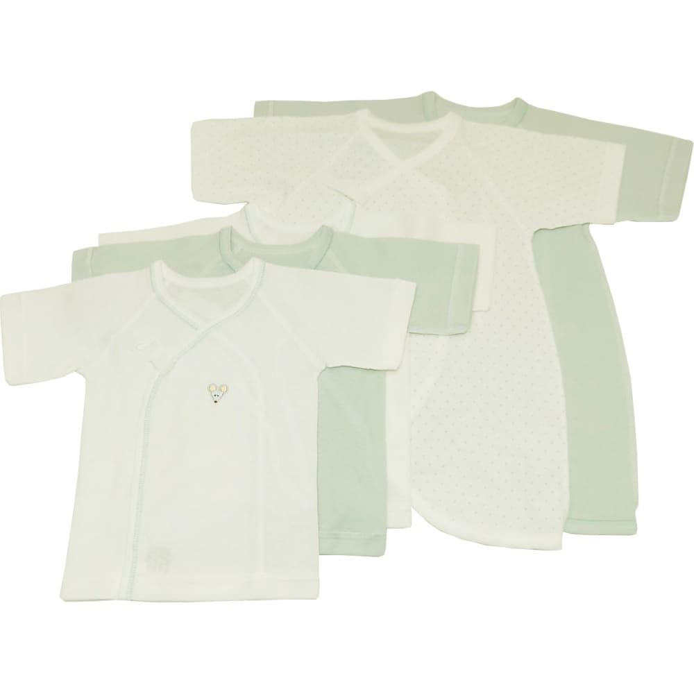 ベビーザらス限定 日本製 新生児肌着5枚組 うす型スナップボタン フライス ネズミ刺繍 (グリーン×50-60cm)