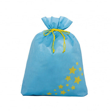 スターギフトバッグ 不織布（約）52ｘ65cm 水色 星 Mサイズ クリスマスラッピング 巾着袋 おもちゃ 子供 リボン 簡単 マチあり かわいい