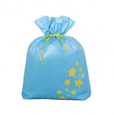 スターギフトバッグ 不織布（約）74ｘ86cm 水色 星 Lサイズ 大きい クリスマスラッピング 巾着袋 おもちゃ 子供 リボン 簡単 マチあり かわいい
