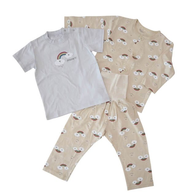 ベビーザらス限定 長袖前開きパジャマ＋半袖Ｔシャツセット 腹巻付き レインボー柄(ベージュ×80cm) | ベビーザらス
