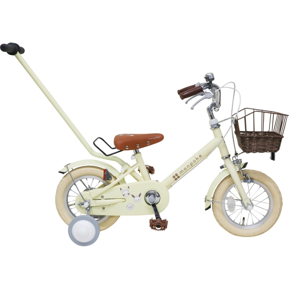 モンポケ 12インチ 身長90~105cm 子供用自転車（クリーム）手押し棒付き 男の子 女の子の大画像