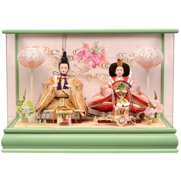 雛人形ケース飾り 親王飾り桜刺繍緑色アクリルひな人形