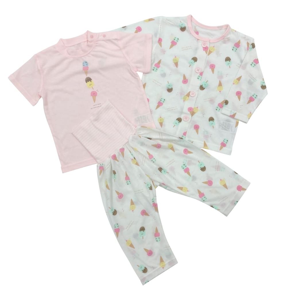 ＜トイザらス＞ 長袖前開きパジャマ＋半袖Ｔシャツセット 腹巻付き アイスクリーム柄(ピンク×80cm)