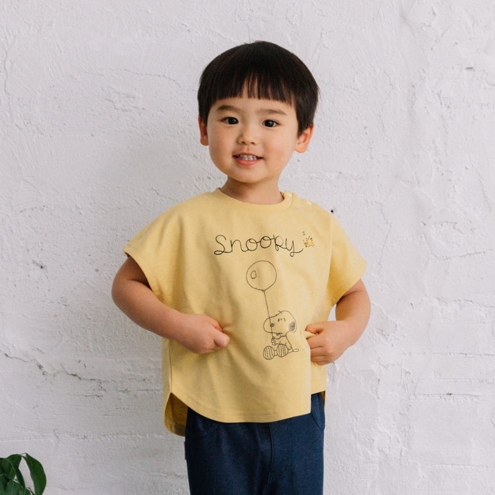  SNOOPY スヌーピー 半袖Tシャツ ステッチ刺繍(イエロー×80cm)