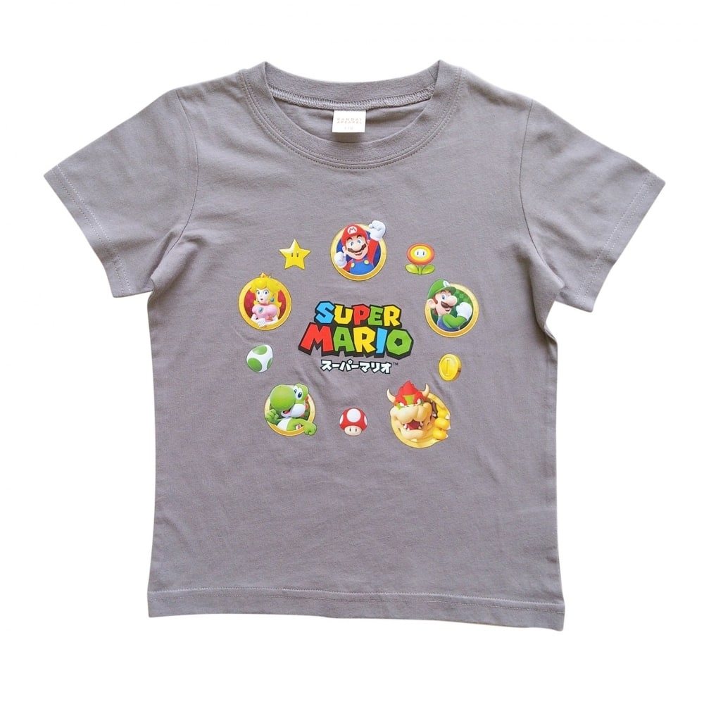 スーパーマリオ キャラ集合半袖Tシャツ(グレー×100cm)の画像
