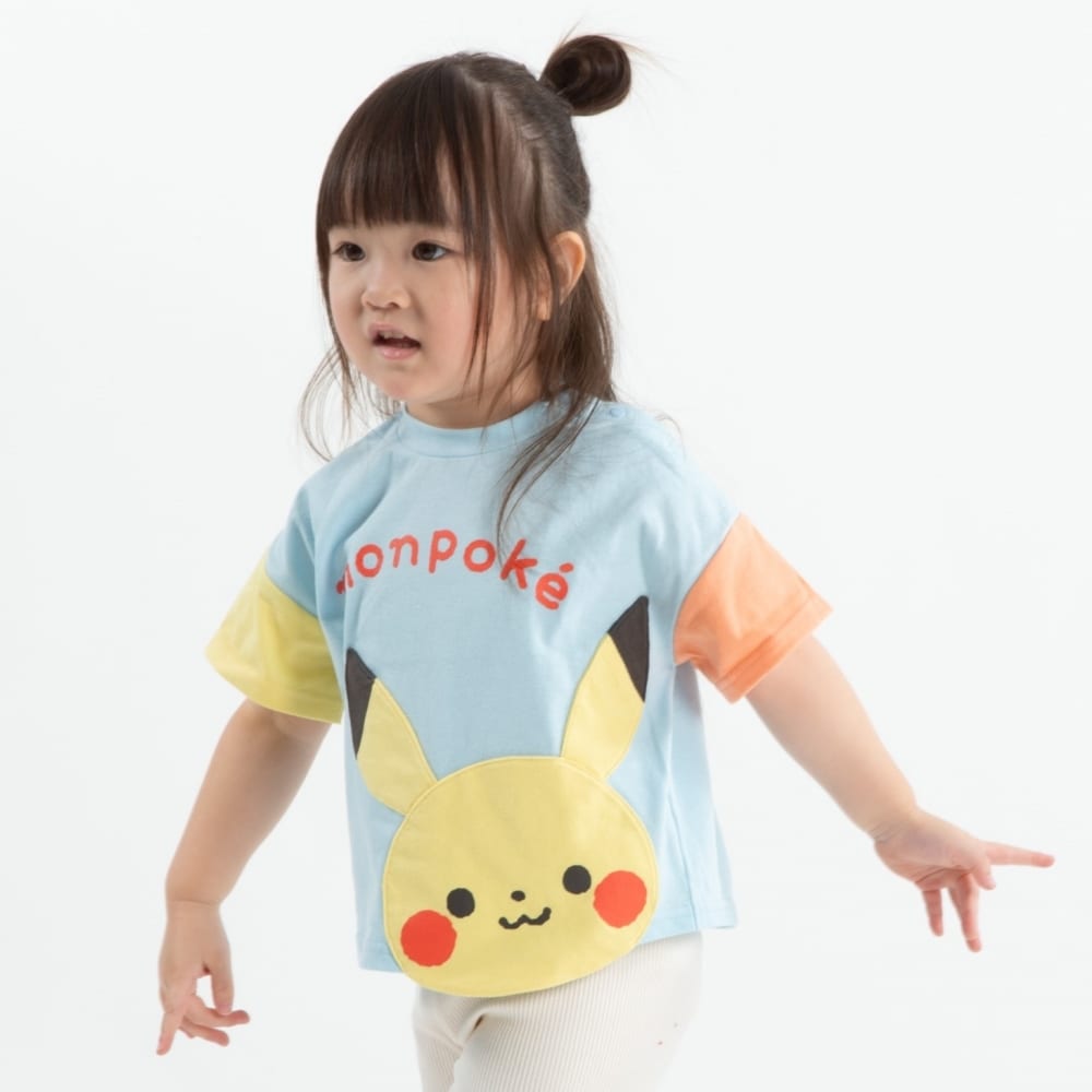 monpoke モンポケ 半袖Tシャツ 袖バイカラー ピカチュウ(ライトブルー×80cm)